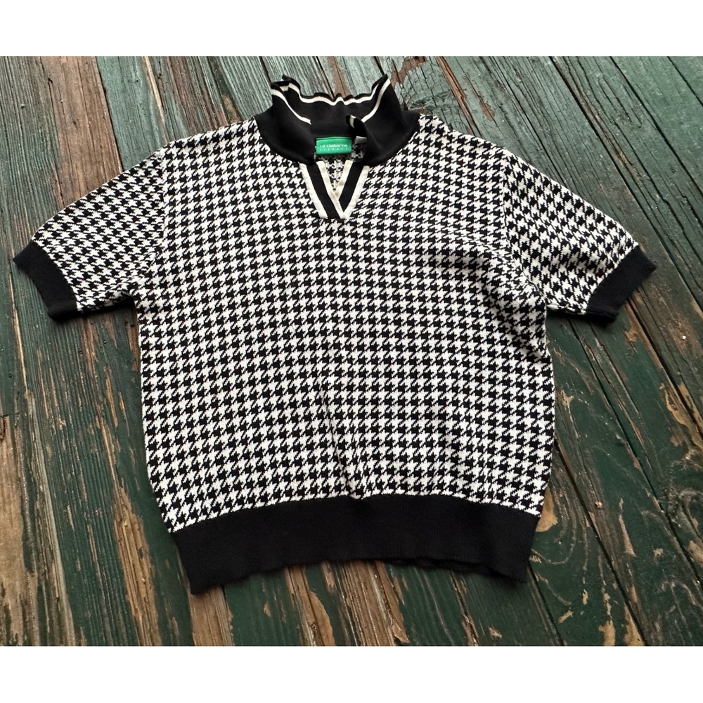 Liz Claiborne Golf Houndstooth Knit Sweater Top Black White Short Sleeve M
